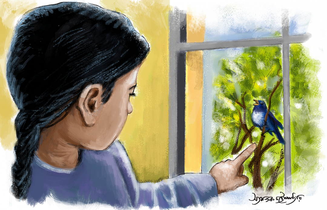 little girl and blue bird